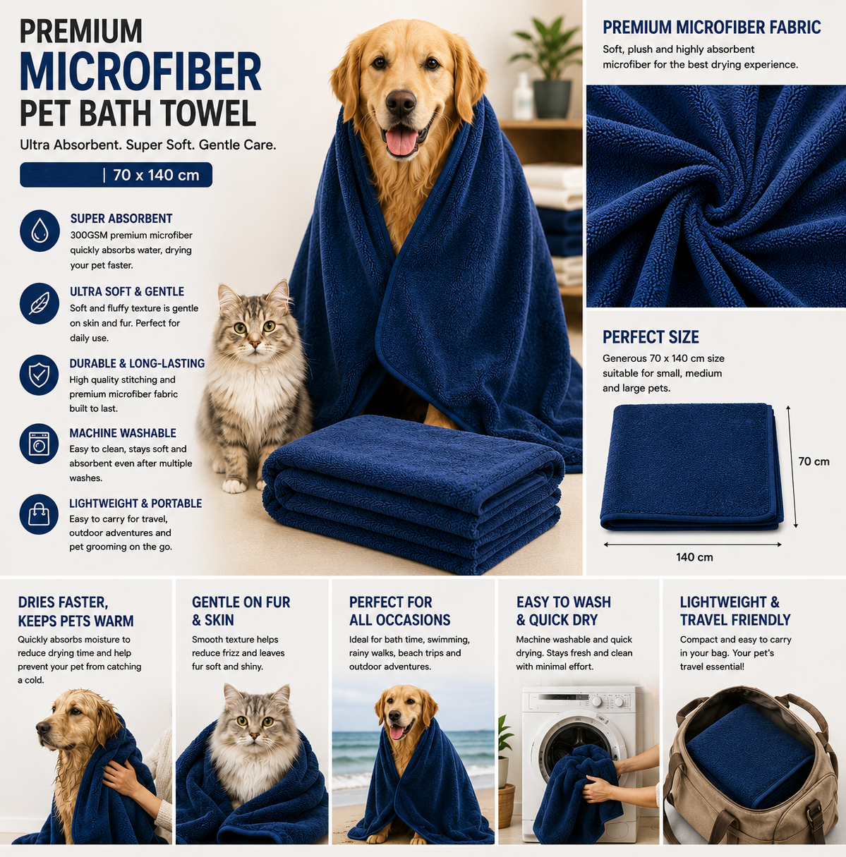 (BLUE) Quick Dry Microfiber Pet Bath Towel