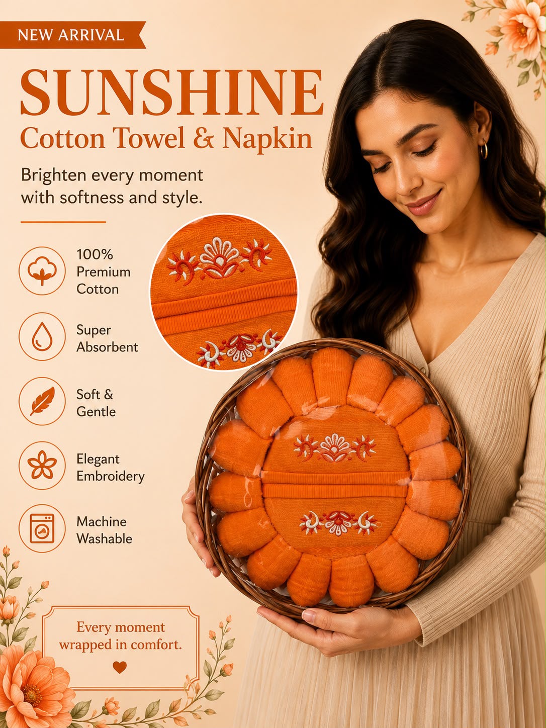 Sunset Bloom – Premium 100% Cotton Towel & Napkin Gift Set