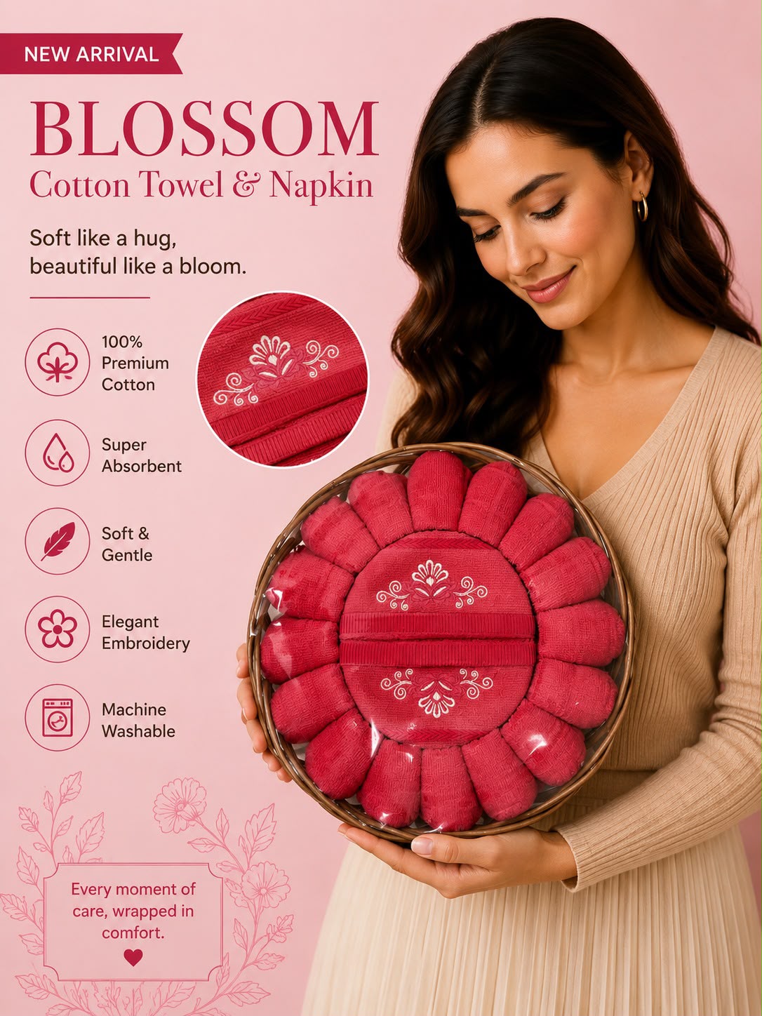 Coral Bloom– 100% Cotton Towel & Napkin Set