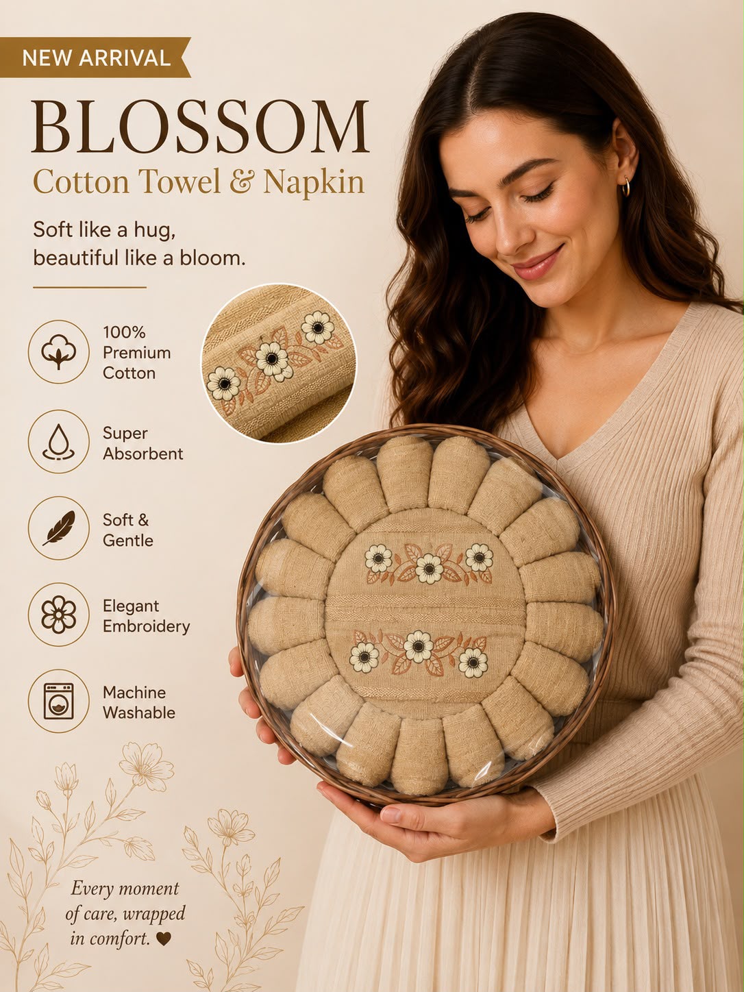 Royal Caramel Beige – 100% Cotton Towel & Napkin Set